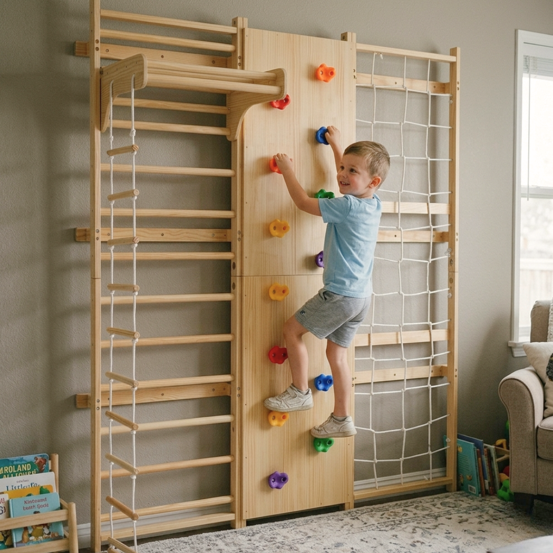 Gimnasio escalador de madera para niños NEKITO con pared de escalar, red y escalera de cuerda